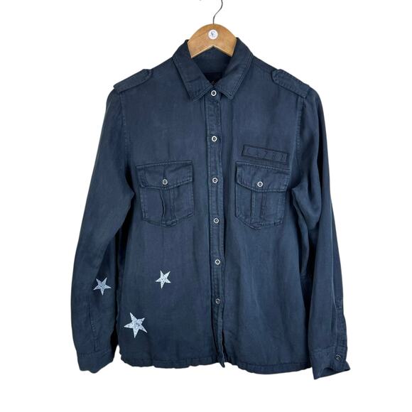 Rails Kato Black Tencel Star Print Long Sleeve Button Up Military Shirt Jacket - Picture 6 of 16